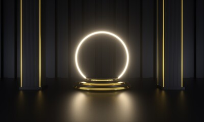 Gold platform with circle lighting 3d rendering
