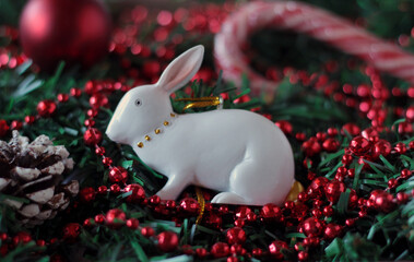 White rabbit as a symbol of 2023. Christmas decor. New Year card.