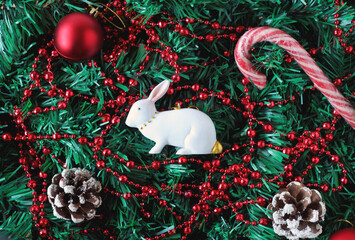 White rabbit as a symbol of 2023. Christmas decor. New Year card.