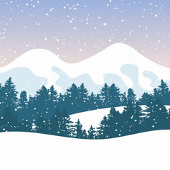 Winter landscape with mountains and forest. Falling snow. Vector illustration