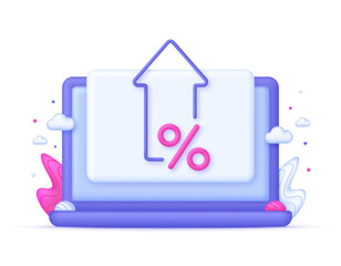 3D Percent and arrow icon on Computer. Interest rate, finance, banking, credit and money sphere concept.