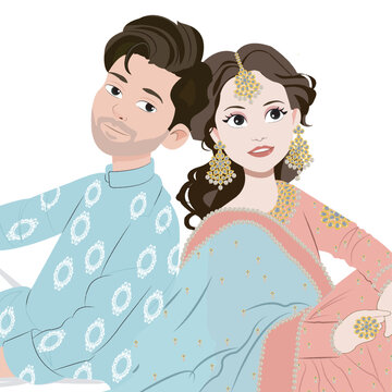 Vector Cute Indian Couple Cartoon In Traditional Dress Posing For Wedding Invitation Card Design