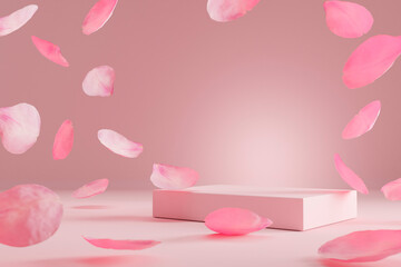 Pink product podium placement on solid background with rose petals falling. Luxury premium beauty, fashion, cosmetic and spa gift stand presentation. Valentine day present showcase.