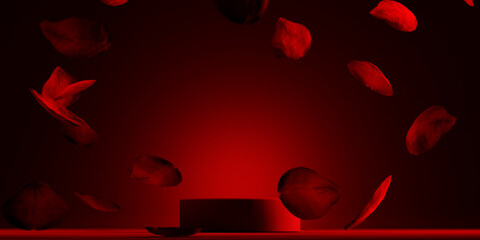 Red product podium placement on solid background with rose petals falling. Luxury premium beauty,...