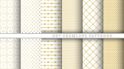 A set of seamless gold geometric and abstract patterns on a white background. An ornament for creating covers, banners, posters, texture prints and creative design