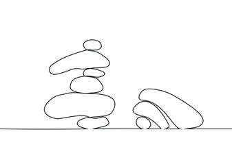 The drawing of standing balanced and fallen unbalanced stones pyramids made in one-line art technique. Minimalistic black and white image