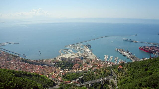 4K aerial - a bird's eye view&nbsp;video (Ultra High Definition) of  Salerno town, Italy, Europe. Splendid summer view from flying drone of Arechi Castle. Traveling concept background.