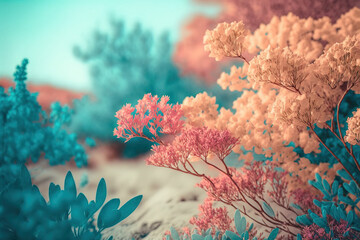 Illustrated pastel creative landscape of nature waking up with the arrival of Spring. Pastel pink trees under a clear blue sky, plants bloom. Generative AI.