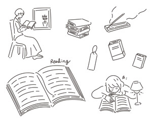 読書をする人や栞のセットイラスト　本　積読