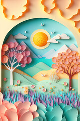 Origami paper Illustration of pastel creative landscape of nature waking up with the arrival of Spring. Pastel pink trees under a clear blue sky, plants bloom. Generative AI.
