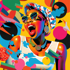 Happy fusion of contemporary art and old-fashioned style. Pop art background, colorful, bright colors, collage smiling girl portrait and different elements and symbols. Illustration. Generative AI. © Uncanny Valley