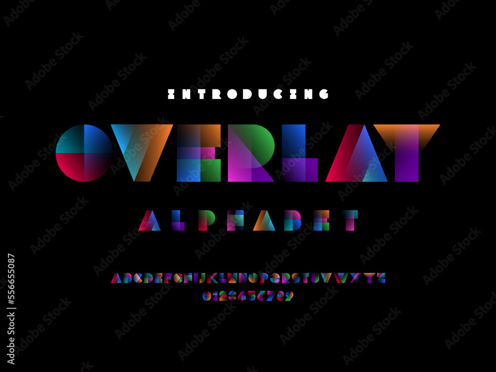 Poster overlay colors alphabet design with uppercase, numbers and symbols