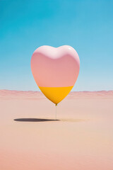 Minimal love concept of pink heart shaped balloon in the middle of sandy desert. Soft pastel colors. Creative Valentine's Day. Illustration. Generative AI.