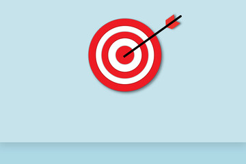 Dart arrow with red target centre on pastel blue background. Business target or goal success and winner concept. copy space for the text. illustration paper cut minimal design style.