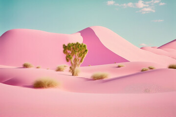 Minimal love concept of pastel pink sand in sandy desert. Soft pastel colors landscape. Creative Valentine's Day. Illustration. Generative AI.