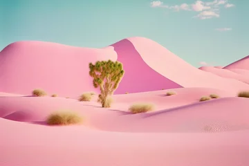 Fotobehang Lichtroze Minimal love concept of pastel pink sand in sandy desert. Soft pastel colors landscape. Creative Valentine's Day. Illustration. Generative AI.