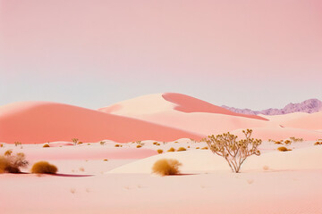 Minimal love concept of pastel pink sand in sandy desert. Soft pastel colors landscape. Creative Valentine's Day. Illustration. Generative AI. - obrazy, fototapety, plakaty