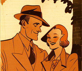 Portrait of couple in love, painted in retro style of 1930s or 1950s.