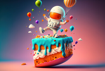 A pastel illustrated birthday party with a colorful delicious cake and a little astronaut who won his birthday in space. Balloons, confetti and fun. Generative AI.