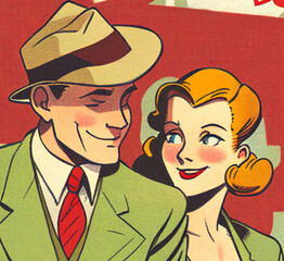 Portrait of couple in love, painted in retro style of 1930s or 1950s.