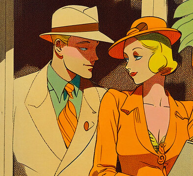 Portrait of couple in love, painted in retro style of 1930s or 1950s.
