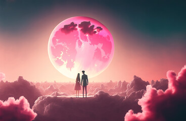 A couple in love celebrating Valentine's Day under a bright full moon. Pink and purple gentle colors landscape. Date night in soft clouds. Illustration. Generative AI.