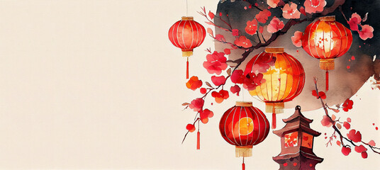 Traditional watercolor  banner with copy space, Asian painting sumi-e with red paper lanterns, pagoda and blooming tree in flowers generative AI art illustration	 - 556657401