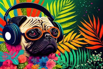 Flower power hippie pug in nature with colorful sunglasses and headphones, out and about exploring lovely springtime outside.	