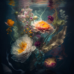 Underwater creative love concept of fresh Spring flowers in water background. Love is in the water, happy Valentine's Day. Illustration. Generative AI.