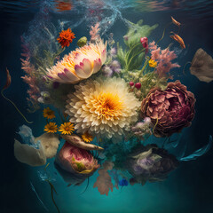 Underwater creative love concept of fresh Spring flowers in water background. Love is in the water, happy Valentine's Day. Illustration. Generative AI.