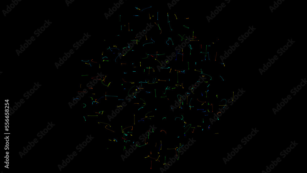 Poster abstract chaotic dance of multi-colored threads and lines in space on dark background. chaotic disco