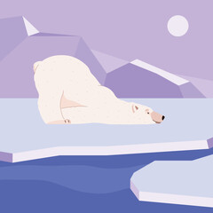 Cute polar bear lying on ice, cartoon flat vector illustration. Funny animal resting.