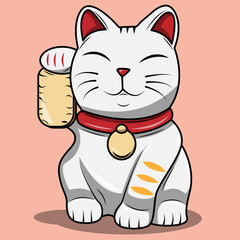 Fototapeta na wymiar Maneki neko cat cartoon. Vector illustration of a white fat cat with raised paws holding a gold coin. Japanese symbol of luck, wealth and prosperity.
