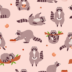 Funny racoons hand drawn seamless pattern for textile and wallpaper flat vector. © Kudryavtsev