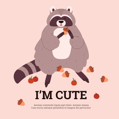 Cute raccoon eating acorns, poster template with text - flat vector illustration.