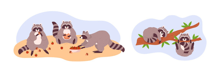 Set of scenes with funny raccoon animals flat style, vector illustration © Kudryavtsev