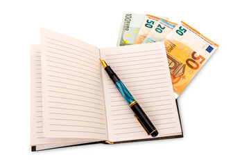 Notebook with vintage fountain pen and euro banknotes between the pages, isolated on white with clipping path, budget, balance sheet concept