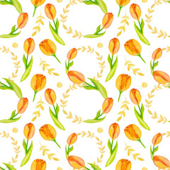 Seamless watercolor pattern, yellow tulips in shape of 8 on a white background. Pattern for Women's Day, wrapping etc.