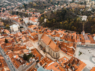 Old town of Brasov and the City Hall square in Transylvania, Romania. Council Square.