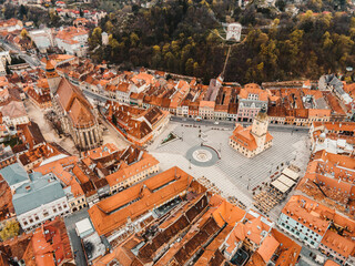 Old town of Brasov and the City Hall square in Transylvania, Romania. Council Square.