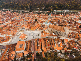 Old town of Brasov and the City Hall square in Transylvania, Romania. Council Square.