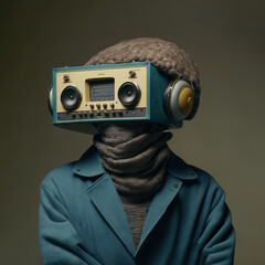 Retro abstract illustration half man half old fashioned technology, radio vintage. Pastel creative fashion concept. Robotic styling. Contemporary art. Generative AI.