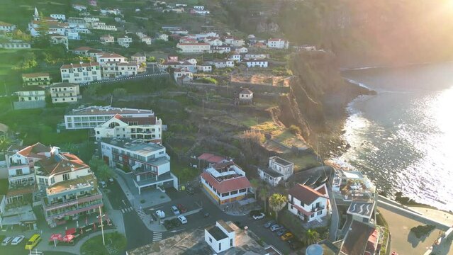 Madeira, Portugal - September 4, 2022: Aerial view of Porto Muniz natural lava pools in Madeira, Portugal