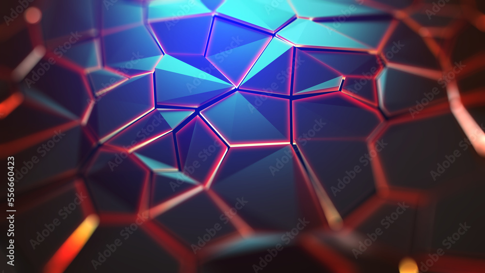 Poster Hi-tech background 3D illustration. Cyber field in neon rays, big data array and techno innovation. Abstract movement of light shards of incandescent faces