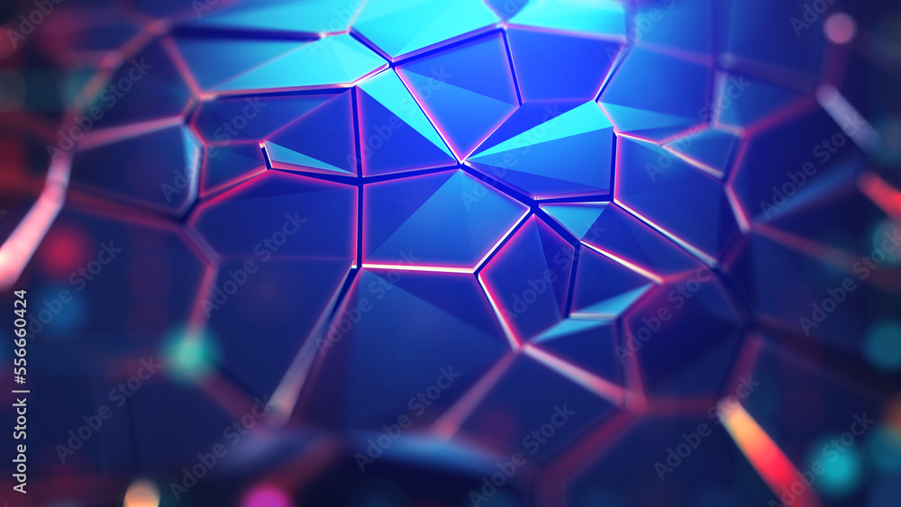 Leinwandbilder Hi-tech background 3D illustration. Cyber field in neon rays, big data array and techno innovation. Abstract movement of light shards of incandescent faces
