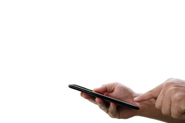 Naklejka premium Male hand with black smartphone communication technology and concept (spot focus)