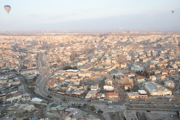 Cappadocia, Goreme city. View of the landscape from the height of a balloon