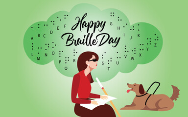 World Braille Day, Vector illustration of blind woman reading braille alphabet with service dog and cane stick
