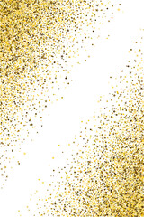Creative gold confetti dust scatter pattern. Triangle square circle star elements background. Banner template. Glittering grit granules grain confetti. Birthday decoration gleaming splatter