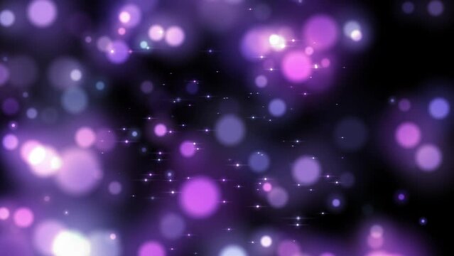 Violet abstract bokeh background sparkling lights effect. Floating blurry balls close up. Grain blurry noise, soft focus. Festive background for advertising, congratulations, text. 3D animation